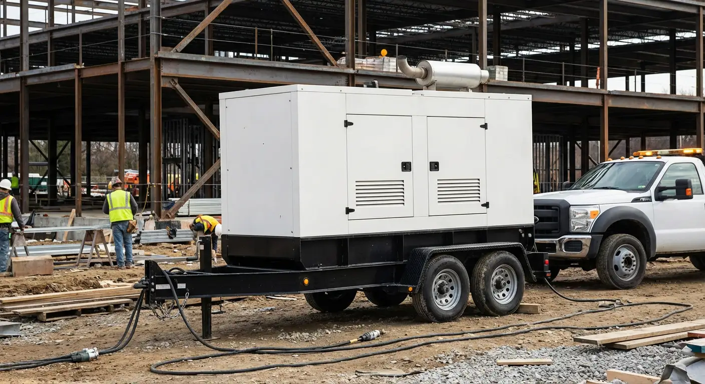 A rugged 100kW towable generator positioned on a dusty construction site near a steel framework, with yellow heavy-duty cables running toward the structure. in Apex, NC