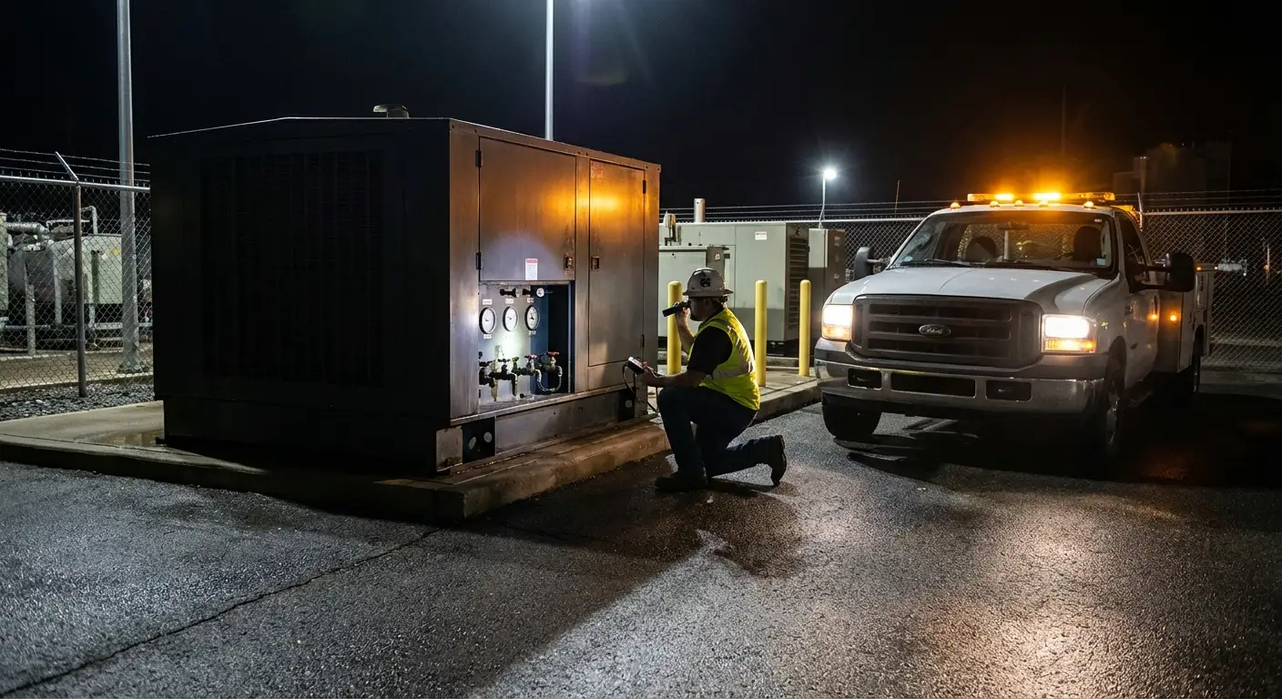 Nighttime shot of a fuel technician monitoring a flow meter while refueling a massive white standby generator enclosure near a secure building. in Apex, NC
