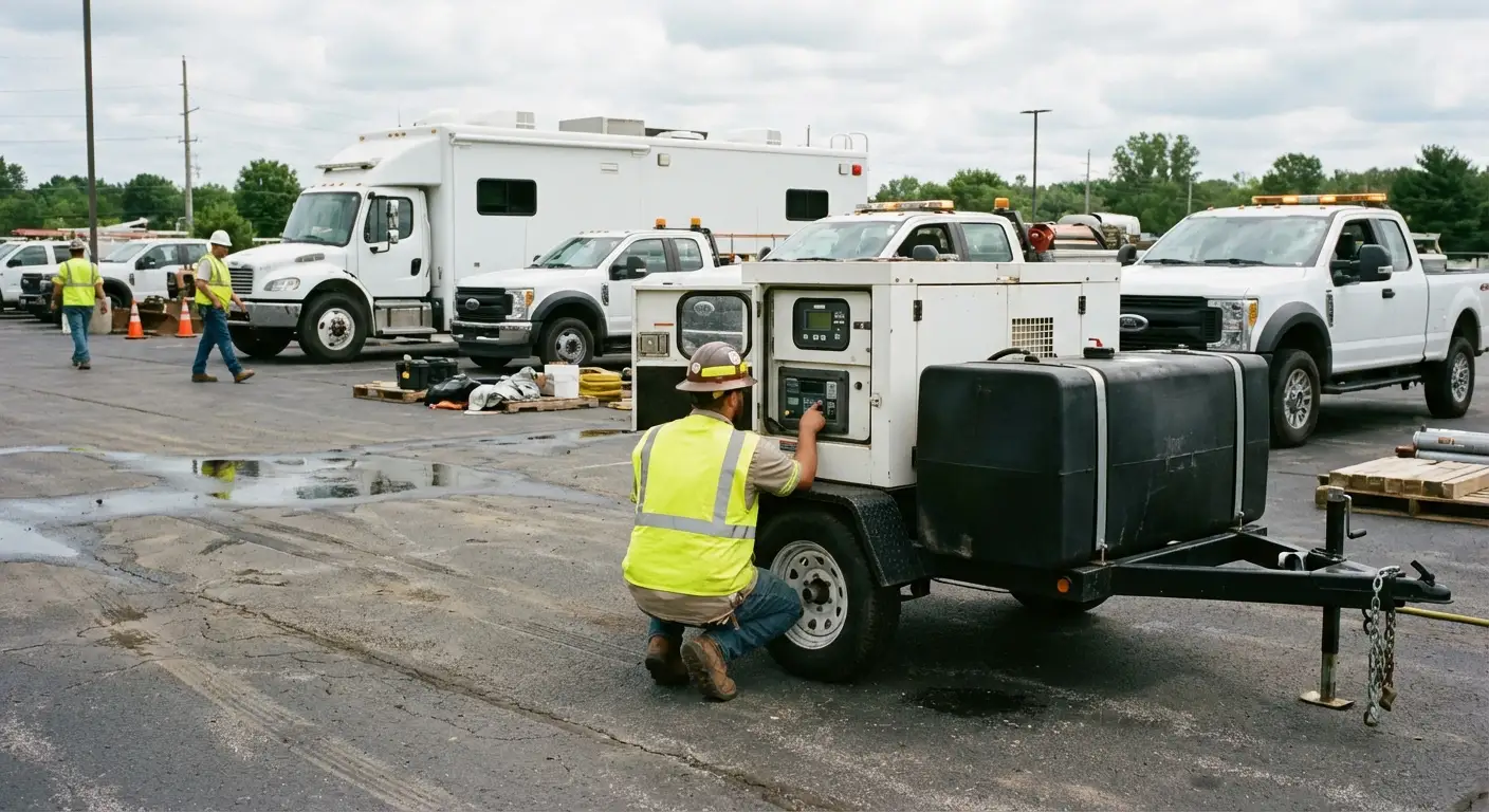 A high-angle shot of an emergency response staging area with a large black mobile command vehicle (bus style); a white industrial generator sits adjacent, with a technician checking the control panel. in Apex, NC