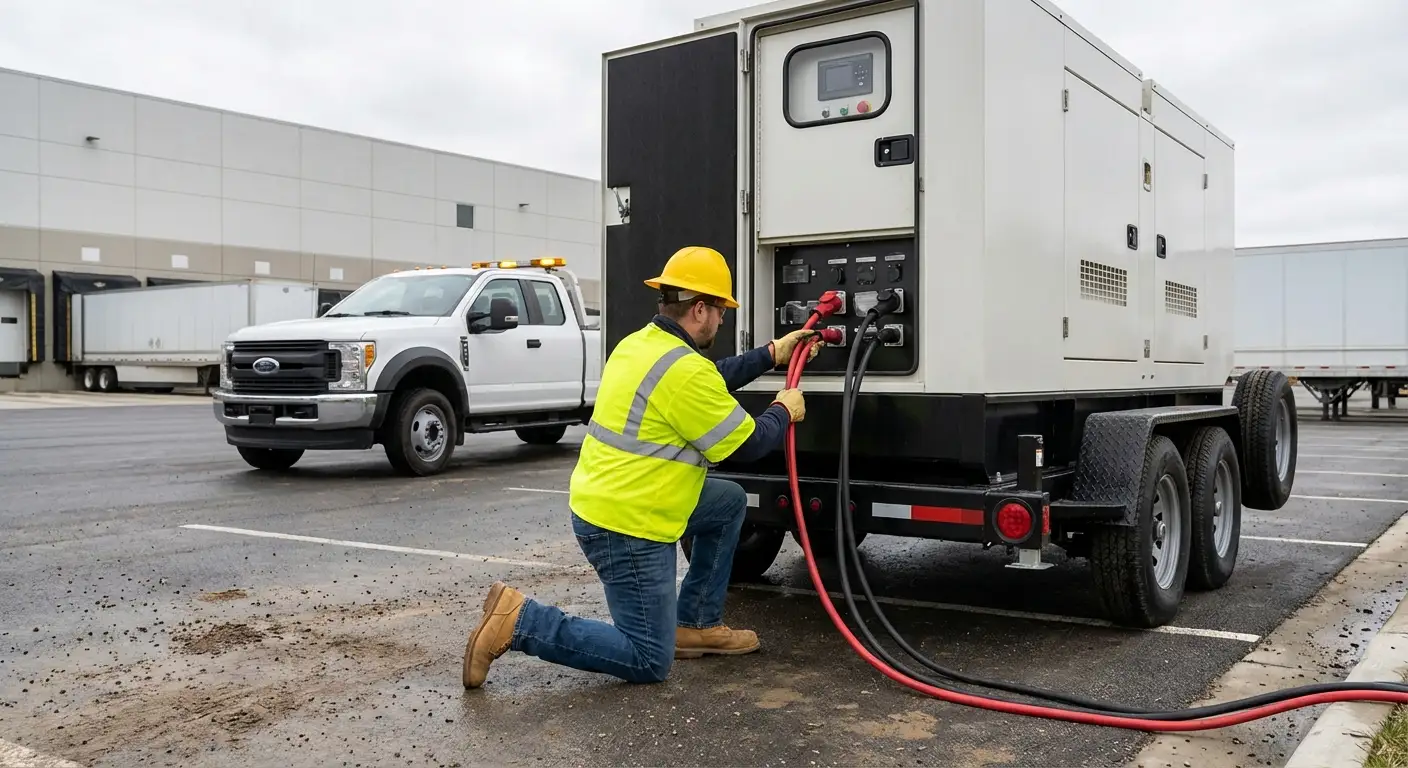 A 500kW mobile generator parked next to a large modern distribution center loading dock at dusk, powering temporary floodlights and equipment. in Apex, NC
