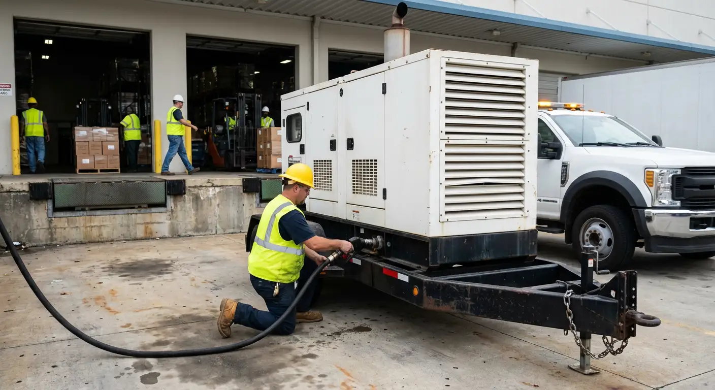 A commercial fuel bobtail truck parked next to a large industrial generator at a busy warehouse loading dock, filling the tank. in Apex, NC
