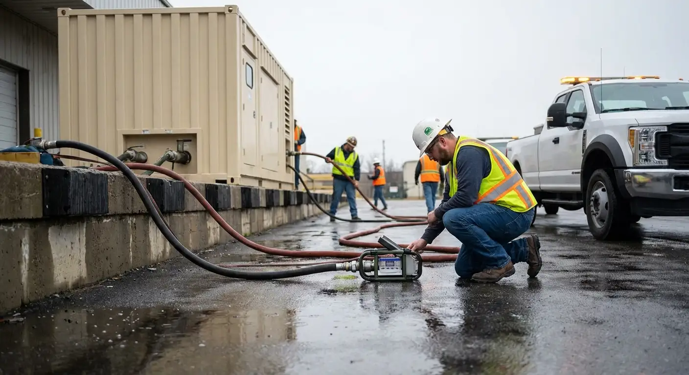 A massive 500kW containerized generator parked in a commercial loading dock during a rainy evening, with a fuel truck parked alongside extending a hose. in Apex, NC