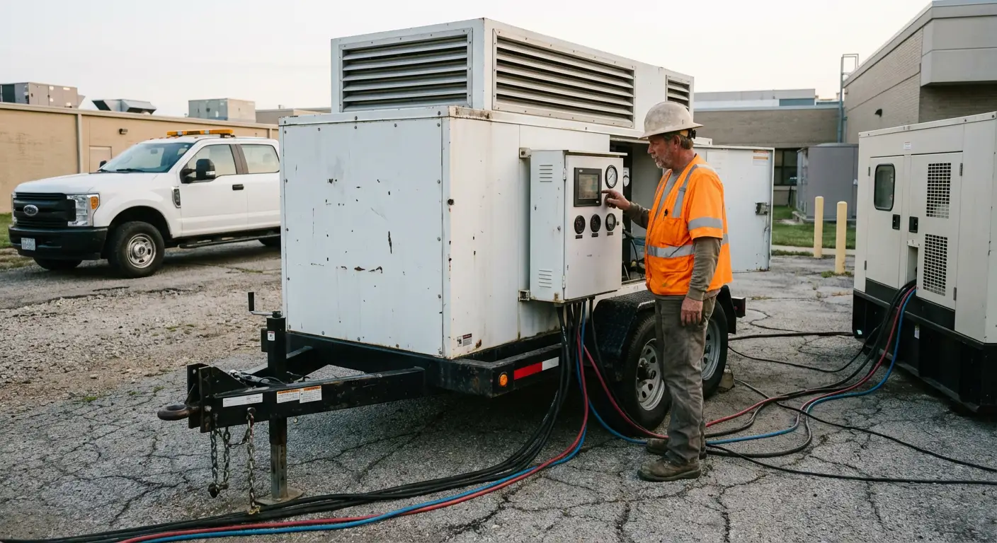 Technician in high-visibility gear adjusting controls on a portable load bank unit stationed outside a hospital utility bay at dawn. in Apex, NC