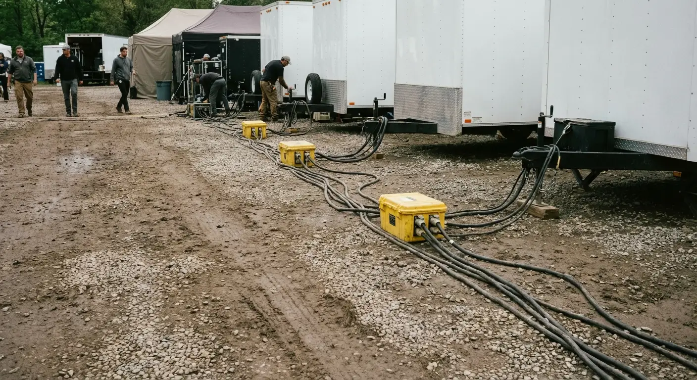 A behind-the-scenes view of a film production base camp; a row of white talent trailers is visible, with yellow cable ramps protecting heavy-duty power cables running along the ground. in Apex, NC