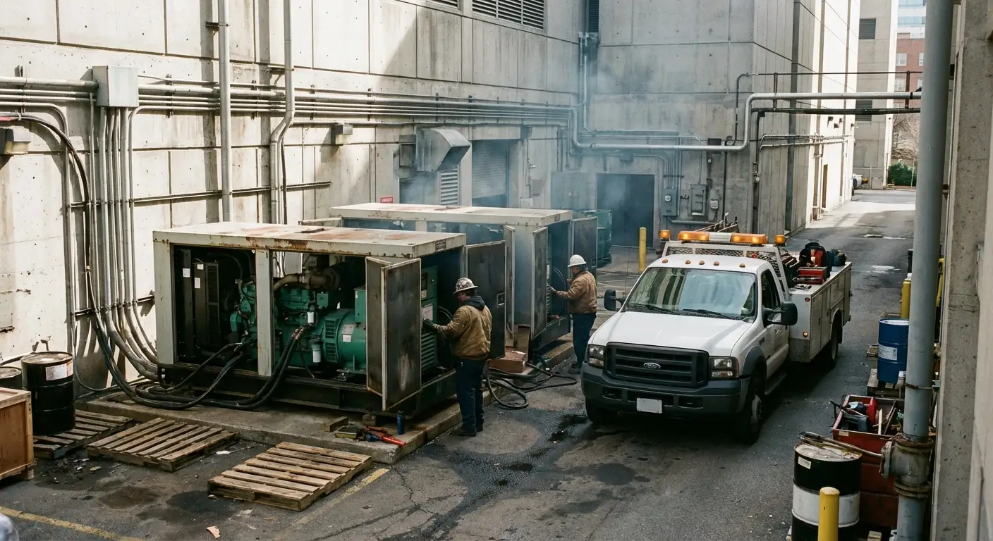 Two large white industrial generators connected in parallel outside a hospital utility building, with thick black cabling running into the facility. in Apex, NC