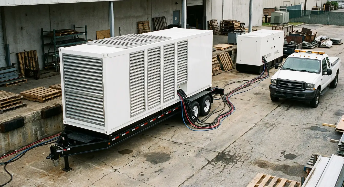 Wide shot of a large resistive load bank trailer connected to a commercial generator behind a busy warehouse loading dock. in Apex, NC