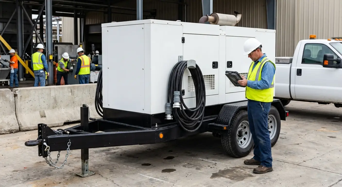 A technician checking the control panel of a towable generator stationed outside a brick factory building during the day, with industrial conduit visible. in Apex, NC