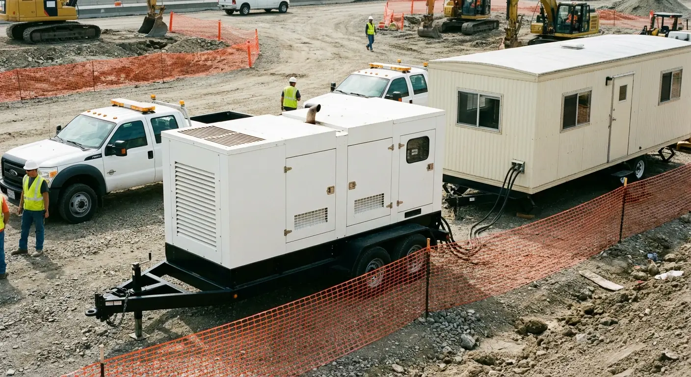 A rugged construction site setting featuring a beige mobile office trailer; in the foreground, a towable 40kW diesel generator is stationed on gravel, connected via thick black cabling to the trailer's power inlet. in Apex, NC