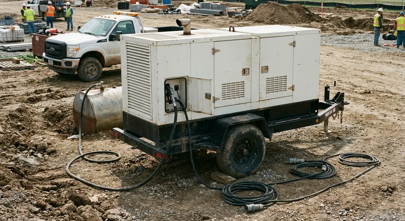 Early morning on a construction site, a fuel hose extending from a truck to a yellow towable generator sitting on gravel. in Apex, NC