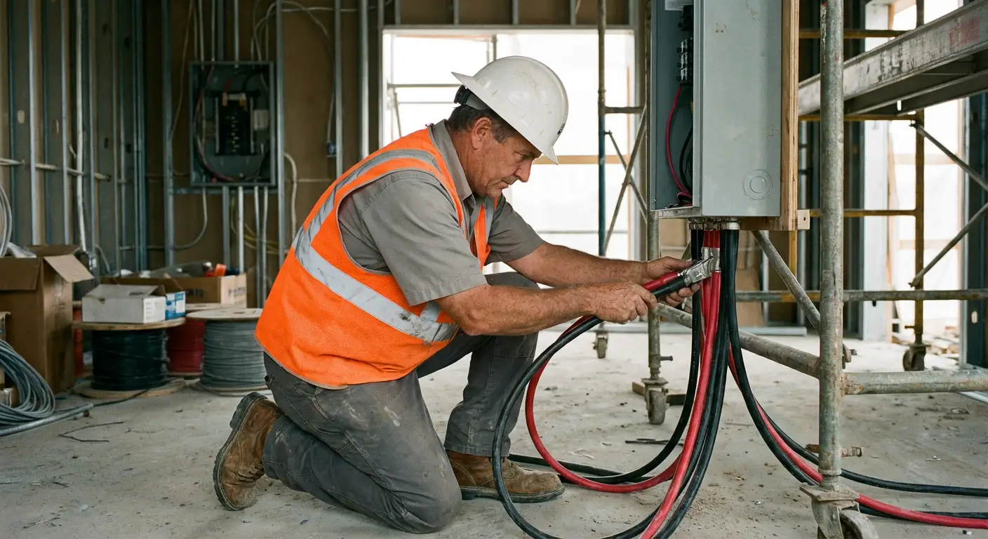Close-up of heavy-gauge cam-lock cables being connected from a load bank to a building's main distribution panel. in Apex, NC