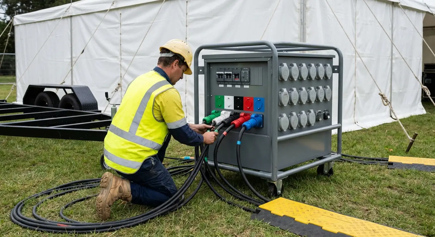 A sleek, white commercial generator placed discreetly behind a hedge at an outdoor event, connected to a distribution panel and spider boxes near a white tent. in Apex, NC